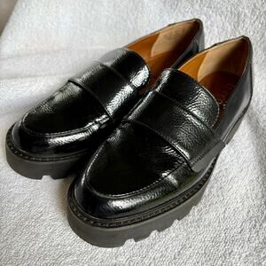 Franco Sarto Brindy Platform Loafer Sz 6M Black Faux Patent Leather Lug Sole